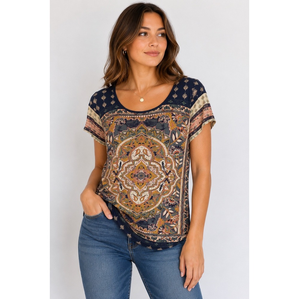 Lucky Brand Boho Medallion Print Tee Navy Short Sleeve Top Women's Medium